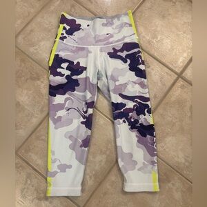 Peloton Purple Camo Capri Leggings with Neon Yellow Accents
